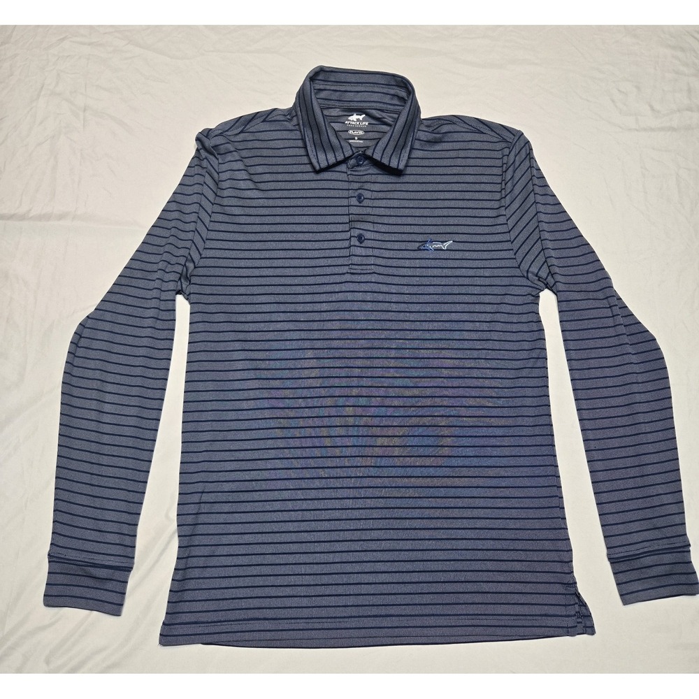 Greg Norman Attack Life Play Dry Polo Shirt Mens Small Blue Striped LS Golf